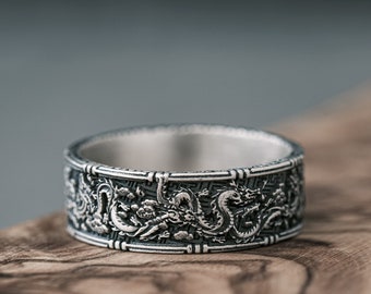 Oxidized Sterling Silver Chinese Dragon Ring, Traditional Japanese Band
