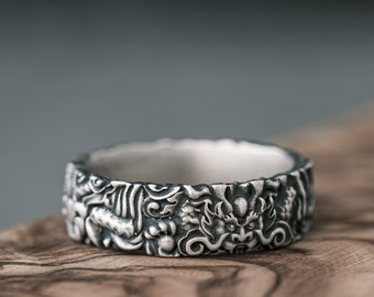 Oxidized Sterling Silver Dragon Ring, Handmade Chinese Streetwear Jewelry