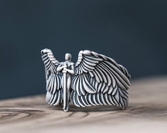 Sterling Silver Michael Archangel Ring, Religious Signet Jewelry