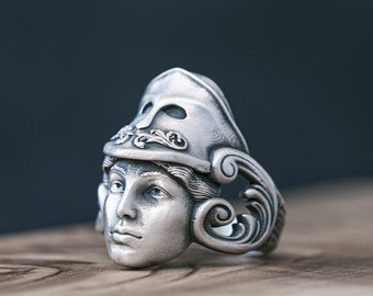 Anillo de plata de ley con la diosa griega Atenea, anillo de sello oxidado