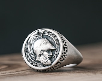 Oxidized Sterling Silver Greek Warrior Ring, Achilles Signet