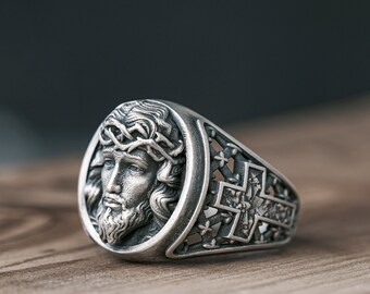 Crown of Thorns Jesus Ring, Sterling Silver Cross Signet, Religious Jewelry