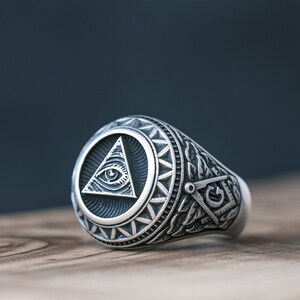 Men Eye Of Providence Ring Silver Masonic Ring, 925 Sterling Freemason Signet Ring Engraved The Square Compasses Pinky Ring Gift For Husband