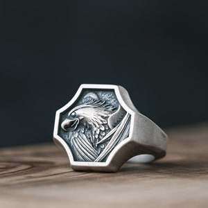 Sterling Silver Eagle Signet Ring, Handmade American Eagle Man Ring, Winged Eagle Ring, Silver Oxidized Men Jewelry Gift Ring For Boyfriend