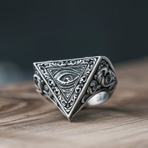Silver Eye of Providence Ring, Illuminati Symbol Ring for Men Handmade Jewelry Gift For Husband, Eye of God Protection Ring For Boyfriend