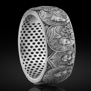 Bague de geisha en argent, bijoux d&#39;art japonais, bague de geisha en argent sterling, bijoux asiatiques traditionnels, bague artistique gothique en argent 925 pour homme, cadeau