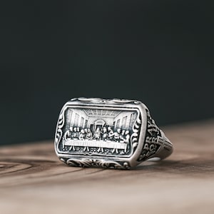 The Last Supper Ring, Sterling Silver Jesus Signet Ring, Christian Rings for Men Jewelry Gift, Catholic Religious Ring, Da Vinci Pinky Ring