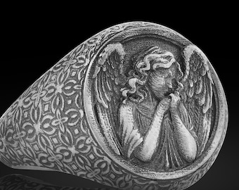 Anillo de sello de ángel de la guarda, hecho a mano en plata oxidada de 925 k
