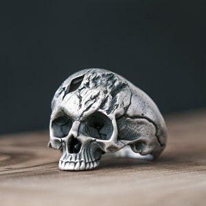 Broken Skull Sterling Silver Men Biker Ring, Handmade Skull Gothic Ring, Skull Punk Ring Wounded Skull Silver Men Jewelry Gift For Boyfriend