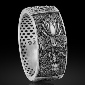 Japanese Lotus Flower Ring, Lotus Flower Swamp Men Ring, Spiritual Jewelry for Men, Unique Botanical Band, Nature-Inspired Wedding Ring Gift