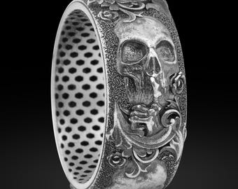 Oxidized Sterling Silver Skull Ring, Gothic Biker Jewelry