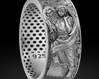 Guardian Angel Sterling Silver Band Ring, Christian Religious Jewelry