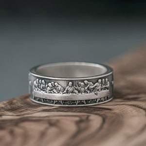 The Last Supper Cross Ring, Catholic Religious Ring, Sterling Silver Jesus Ring, Christian Rings for Men Jewelry Gift, Da Vinci Pinky Ring