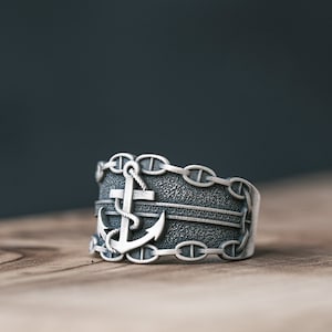 Handgefertigter Anker-Siegelring für Männer, oxidierter Silber-Seemanns-Pinky-Ring, Geschenk für Kapitän-Schmuck, 925-karätige Ankerseil-Ringe für Ehemann