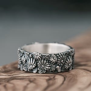 Japanese Flower Autumn Ring for Men 925 Sterling Silver Floral Male Ring Traditional Ornament Band Ring Unique Japanese Jewelry Gift for Men