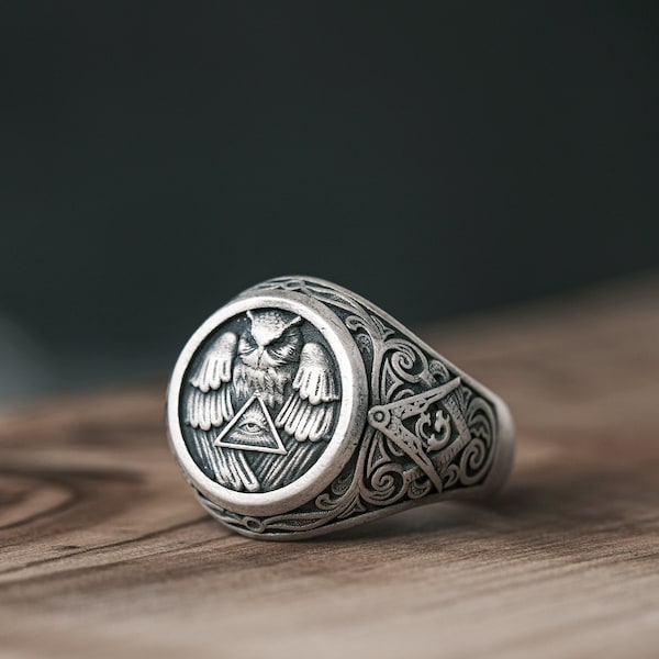 Owl Masonic Ring, 925 Sterling Freemason Signet Ring, Cool Square Compasses Pinky Ring, Eye Of Providence Owl Mens Gift For Husband Jewelry