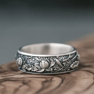 Sacred Lotus Flowers Promise Ring For Couples Silver Japanesse Kanji Men Ring Handmade Pinky Band Sterling 925 Lotus Ring Gift For Boyfriend
