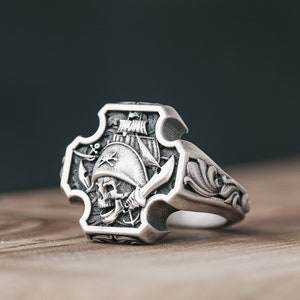 Oxidized Pirate Signet Ring For Men Silver Skull Ship Gothic Ring For Boyfriend, Extraordinary Pirate Ring, Handmade Sailor Jewelry Gift Him
