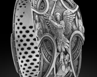 Anillo de plata esterlina del Arcángel Miguel, banda religiosa oxidada