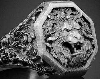 Anillo de sello con cabeza de león en plata de ley, joyería de león rugiente