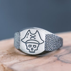 Captain Skull Ring Pinky Signet Ring Mens Silver Ring Unique Sterling Pirate Ring Handmade Navy Ring Textured Engraved Rings For Man Gift