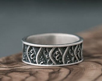 Japanische Welle Herrenring, Band aus oxidiertem 925er Sterlingsilber
