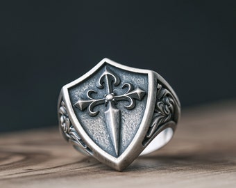 Sterling Silver Mens Shield Ring, Gothic Sword Ring