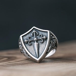 Silver Mens Shield Ring, Sterling Christian Religious  Rings, Sword Shield Pinky Ring, Cool Gothic Jewelry For Boyfriend, Gift For Husband