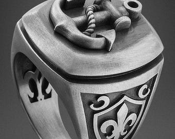 Sterling Silver Anchor Signet Ring - Oxidized Nautical Jewelry