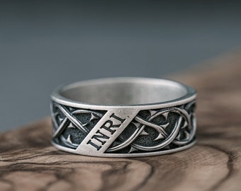 Crown of Thorns Ring, Jesus inri Band, Unique Christian Catholic Pinky Ring, Sterling Silver Religious Ring, Gift For Dad & Husband Jewelry