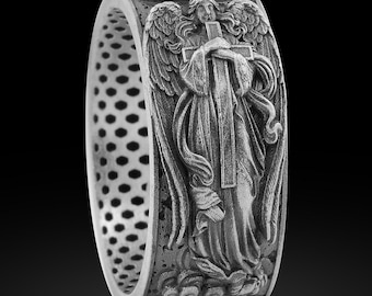 Guardian Angel Cross Ring, Oxidized Sterling Silver Christian Jewelry