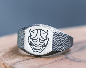 Oni Mask Ring Pinky Signet Ring Mens Silver Ring Unique Sterling Japanese Ring Handmade Samurai Ring Textured Engraved Rings For Man Gift