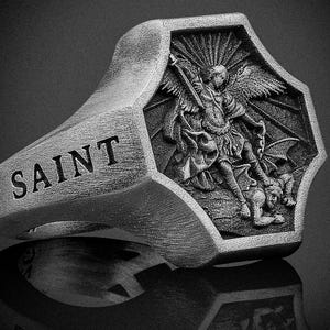 925k Silver Archangel Saint Michael Ring, Religious Gift for Men, Gift for Dad, Handmade Jewelry for Boyfriend Gift Shield Protection Ring