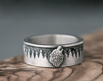 Pine Trees Wolf Bands Silver Mens Ring Forest Handmade Unique Promise Ring Sterling Silver Cool Boyfriend Jewery Oxidized Pinky 925 Gift Him