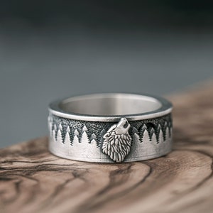 Bague pour homme en argent avec loups pins, bague de promesse unique faite à la main dans la forêt en argent sterling, bijoux de petit ami cool, cadeau oxydé 925