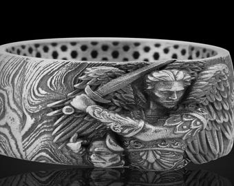 Archangel Michael Damascus Silver Ring, Christian Guardian Jewelry
