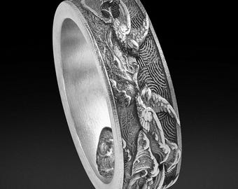 Sterling Silver Swallow Bird and Ocean Wave Band Ring