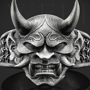 Japanese Hannya Mask Ring, Men Signet Ring, Skull Demon Ring For Boyfriend, Gothic Ring, Fantasy Men Ring, Oni Samurai Ring For Husband Dad