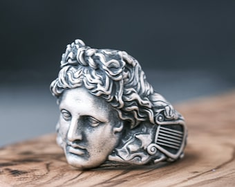 Anillo del dios griego Apolo, sello mitológico de plata de ley oxidada