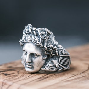 Apollo Greek God Ring, Sterling Silver Sculptural Ring, Ancient Mythology Signet Ring, Cool Oxidized Greek Ring, Fantasy Ring For Boyfriend