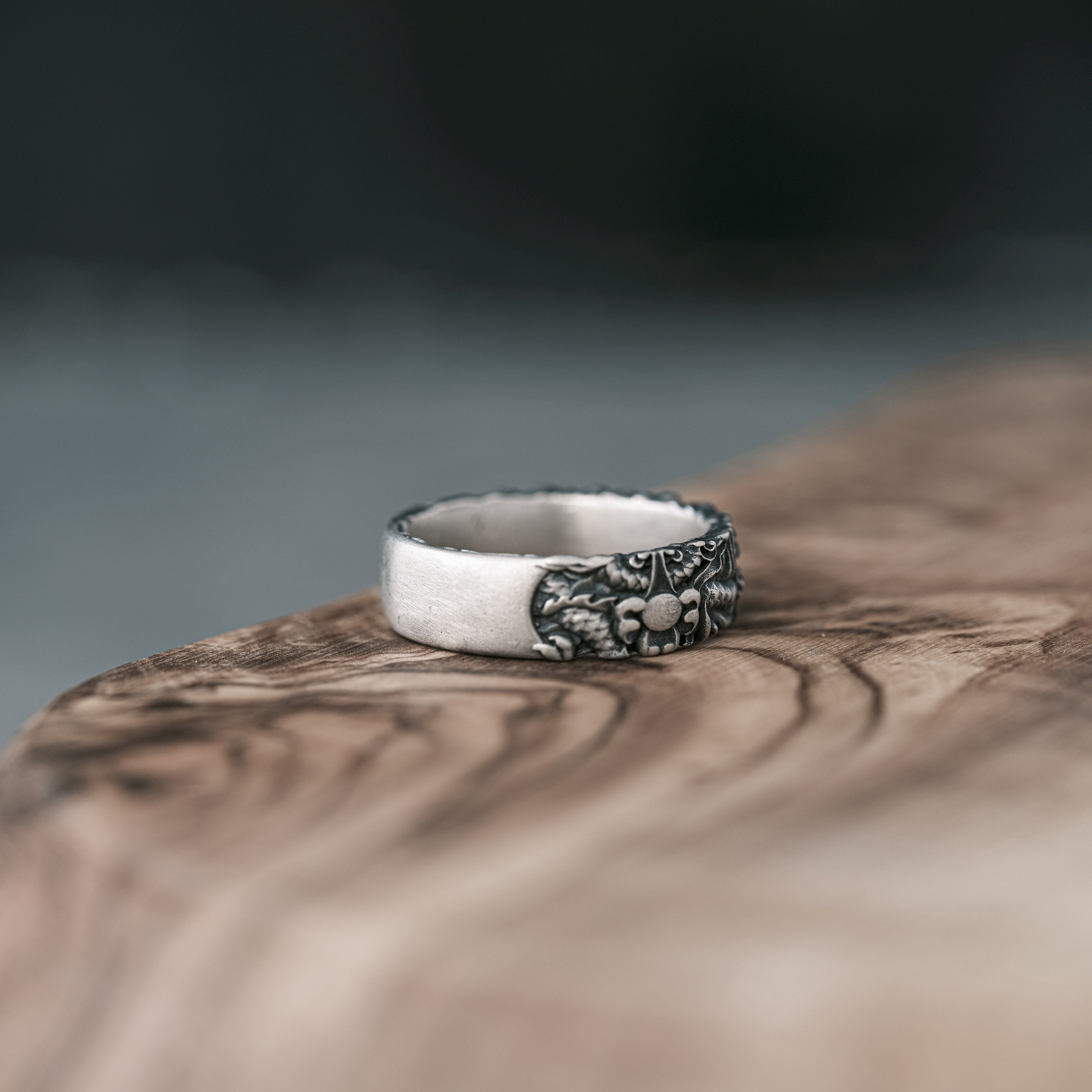 Oxidized Sterling Silver Dragon Ring, Handmade Chinese Streetwear