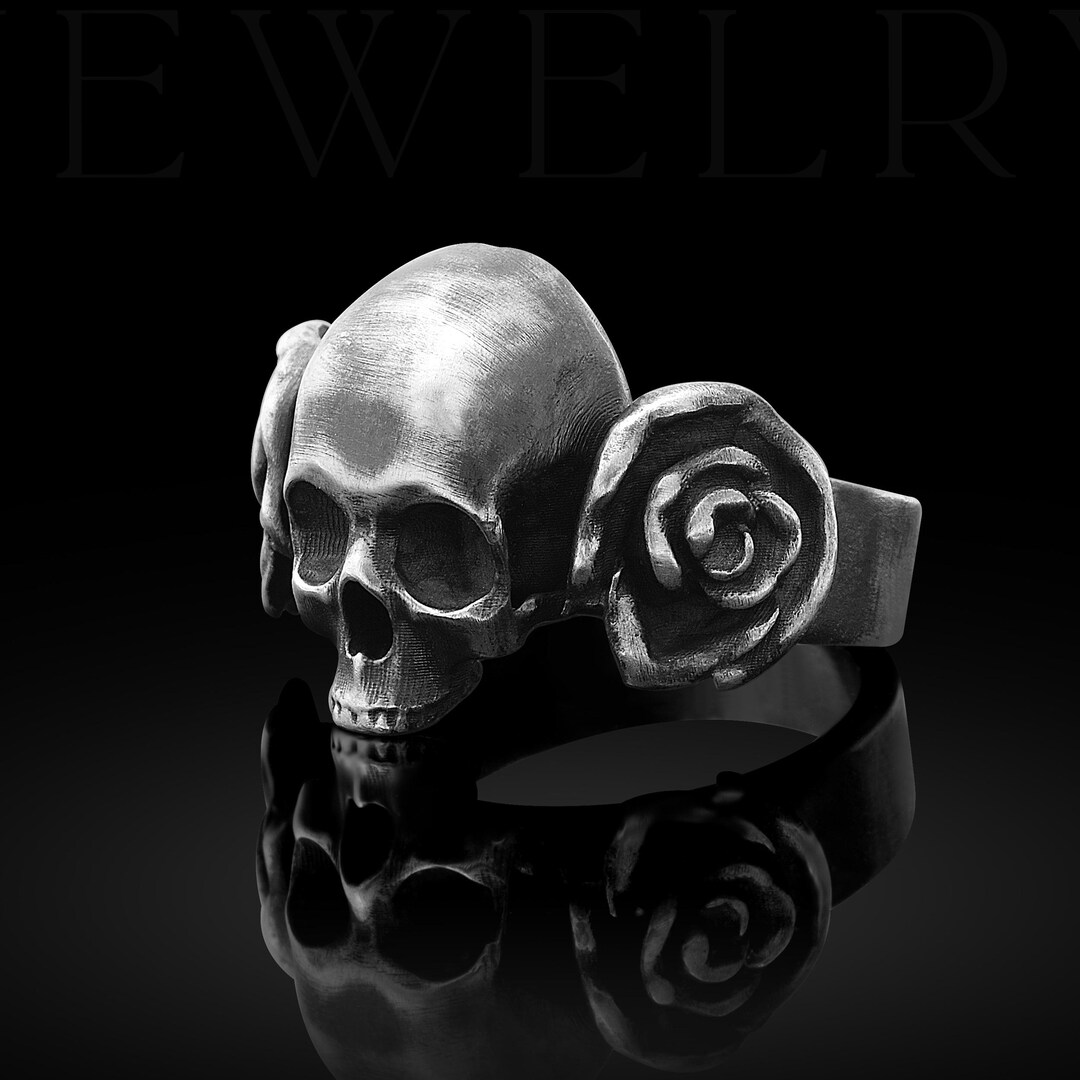 Skull And Roses Rings Oxidized Sterling Silver Skull and Roses Ring, Gothic Wedding Band - Etsy