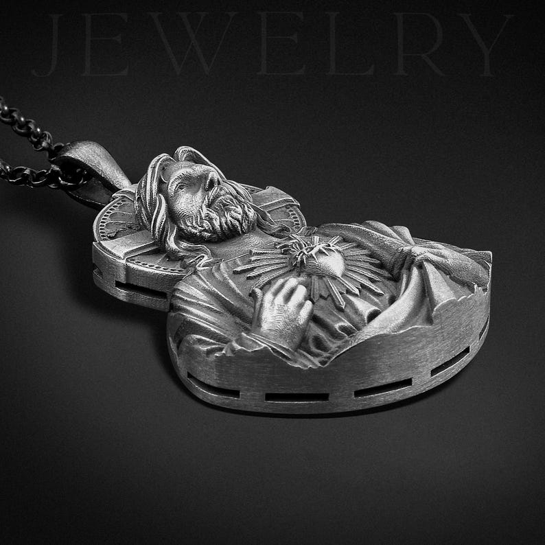 Sacred Heart of Jesus Pendant, Oxidized 925k Sterling Silver, Religious ...