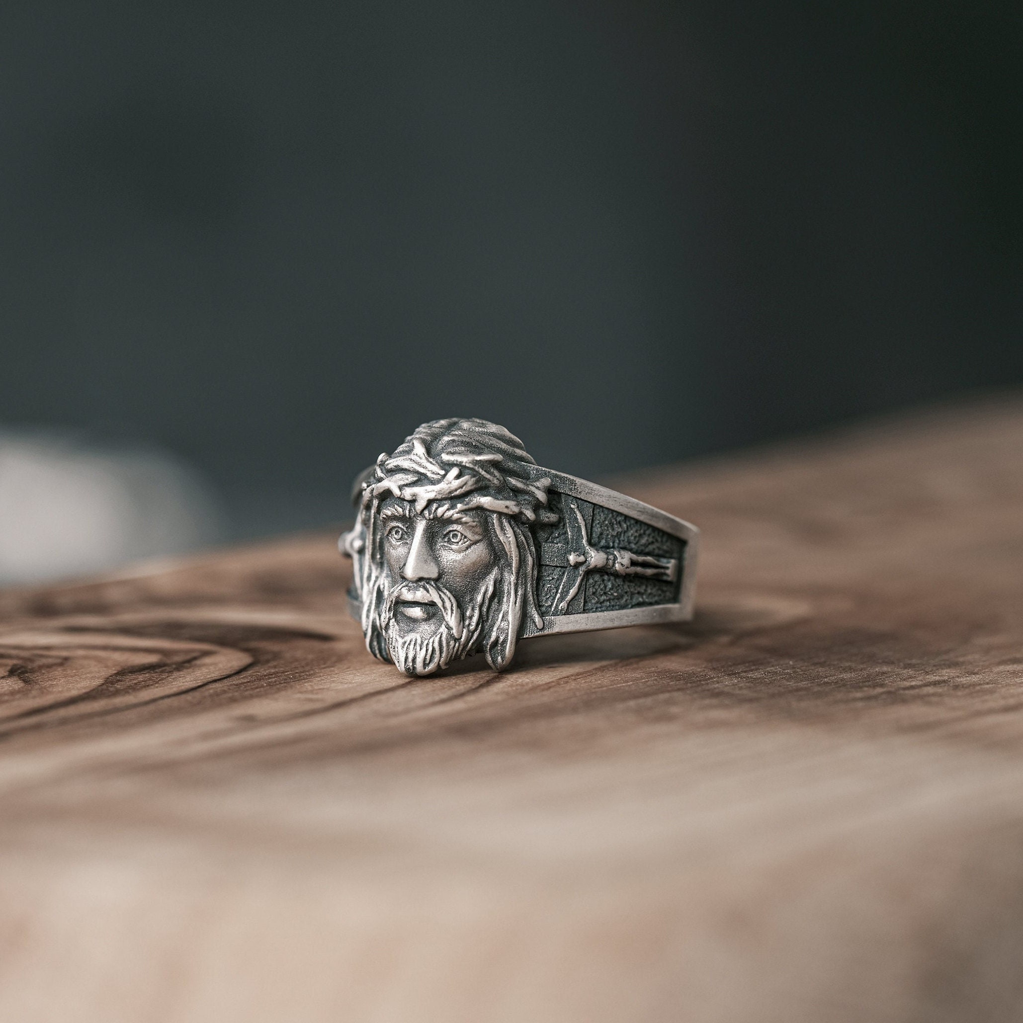 Oxidized Sterling Silver Jesus Christ Signet Ring, Religious