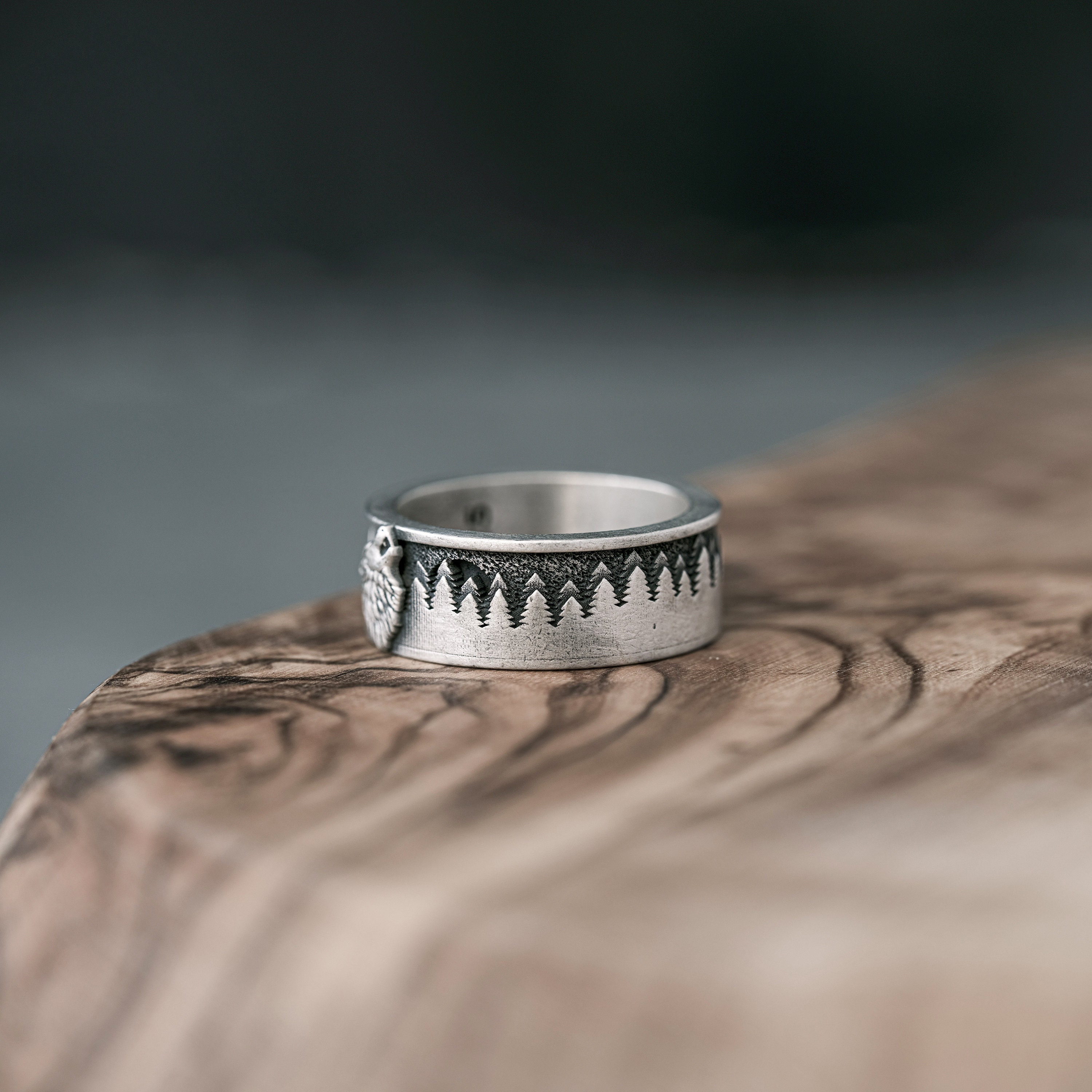 Oxidized Sterling Silver Wolf Ring: Handmade Pine Tree Forest Band