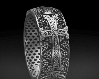 Oxidized Sterling Silver Celtic Cross Band Ring, Mens Religious Jewelry