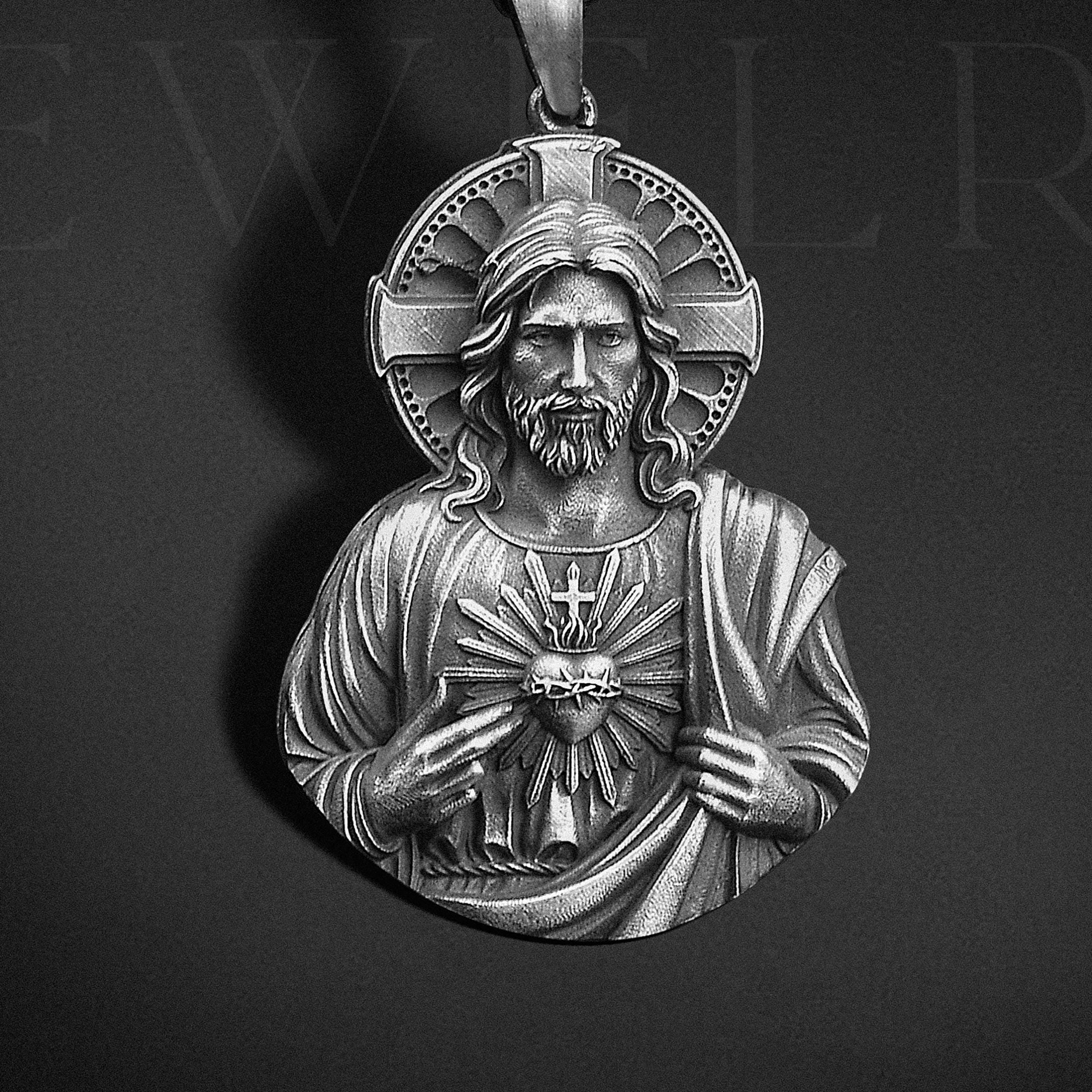 Sacred Heart of Jesus Pendant, Oxidized 925k Sterling Silver, Religious ...