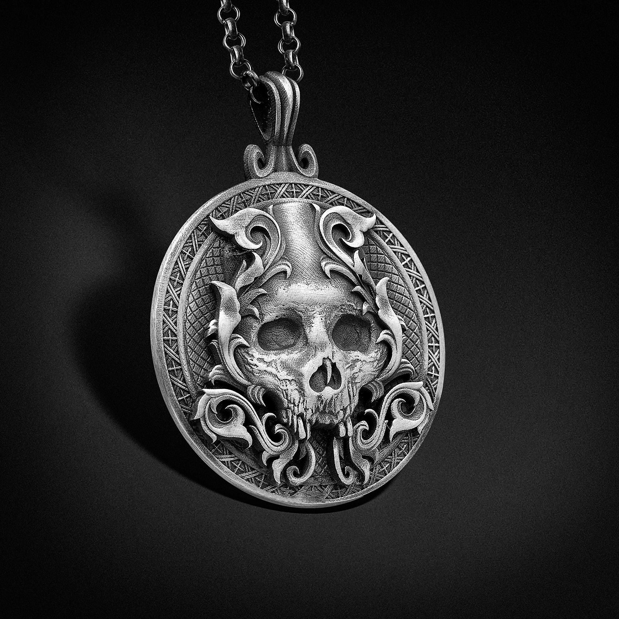 Gothic Skull Pendant Necklace in 925 Sterling Silver, Baroque Skull Charm, Statement Necklace Memento Mori Goth Jewelry Gift For Boyfriend