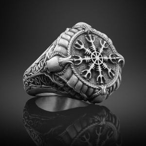 925 Sterling Silver Viking Vegvisir Compass Ring for Men, Silver Norse Mythology Compass Ring, Helm Of Awe Ring Unique Ring For Men Gift Him