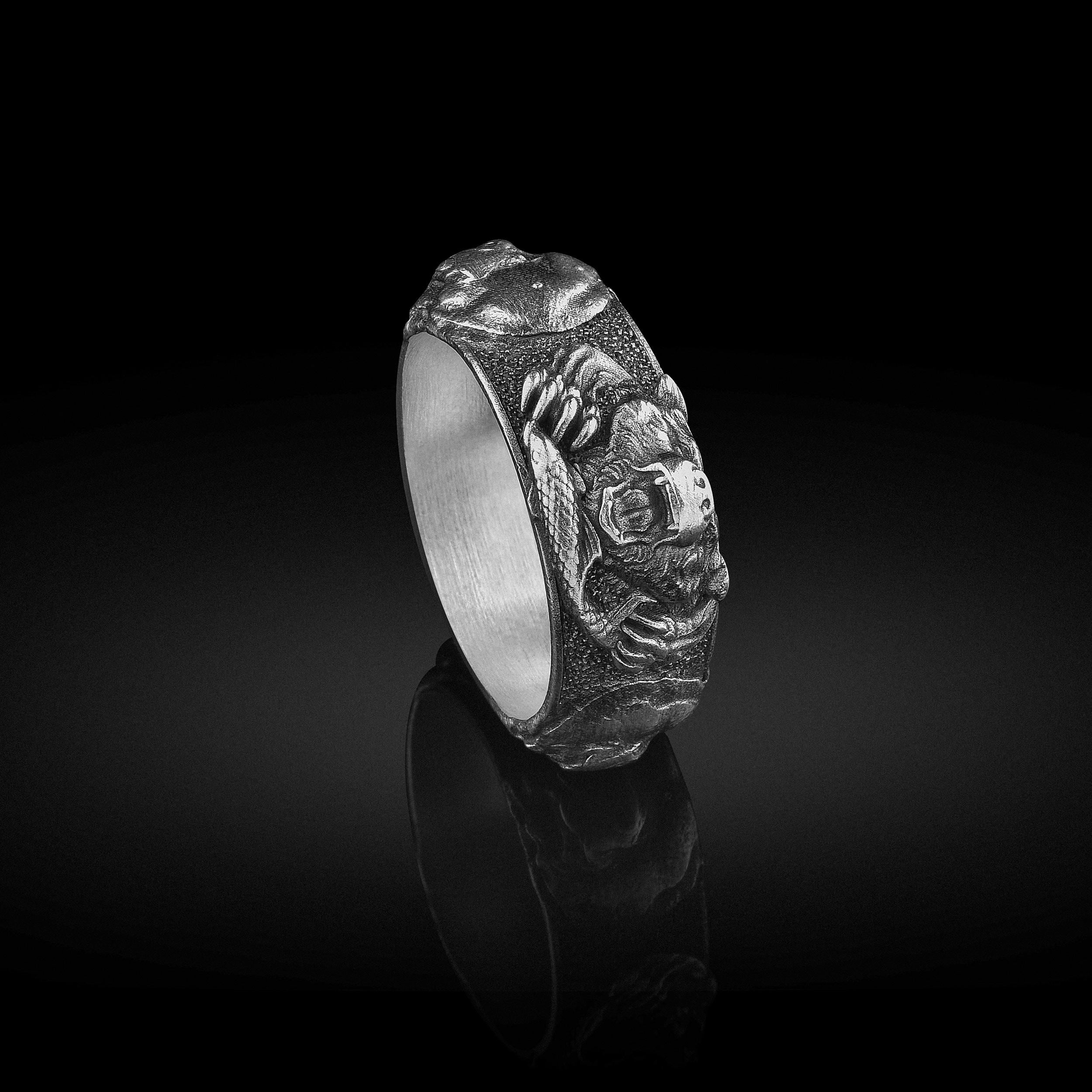 Handmade Nordic Viking Polar Bear Ring, Scandinavian Bear Silver Band Ring, Norse Mythology Ring Symbol of Strength Jewelry Gift Husband Dad